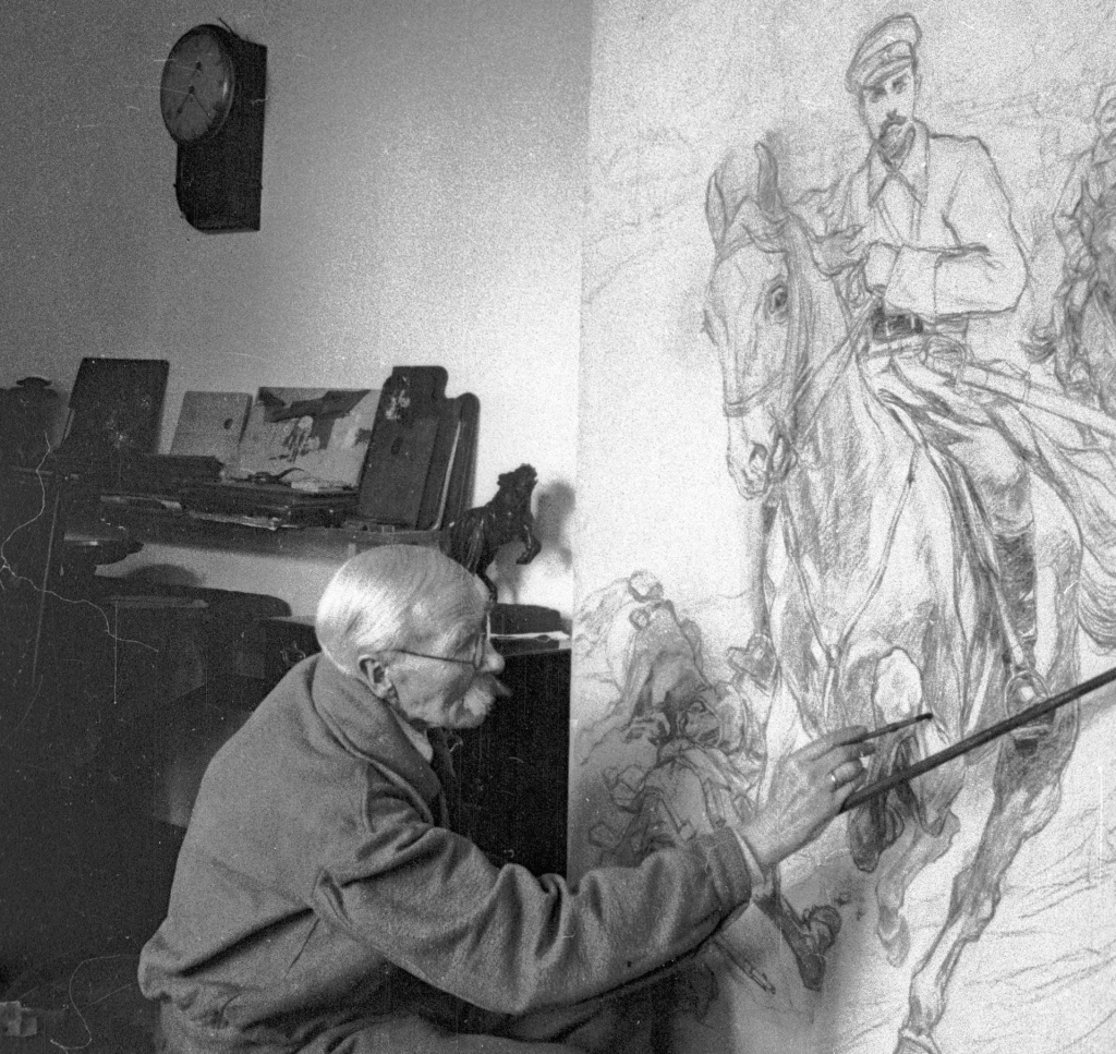 С начала 30-х годов творчество Самокиша переживает расцвет. Старый мастер создаёт крупные полотна, но теперь любимые баталистом лошади слушаются краснозвёздных всадников. 21 (10) (1).jpg